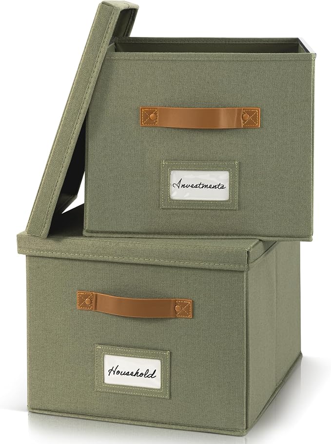 ZICOTO Decorative File Organizer Box Set of 2 - Collapsible Linen Filing Cabinets w/Handles Are Perfect to Store all Your Documents & Hanging File Folders - Portable Easy Slide Crates with Lid | Stores Documents and Hanging File Folders - Portable Offi...