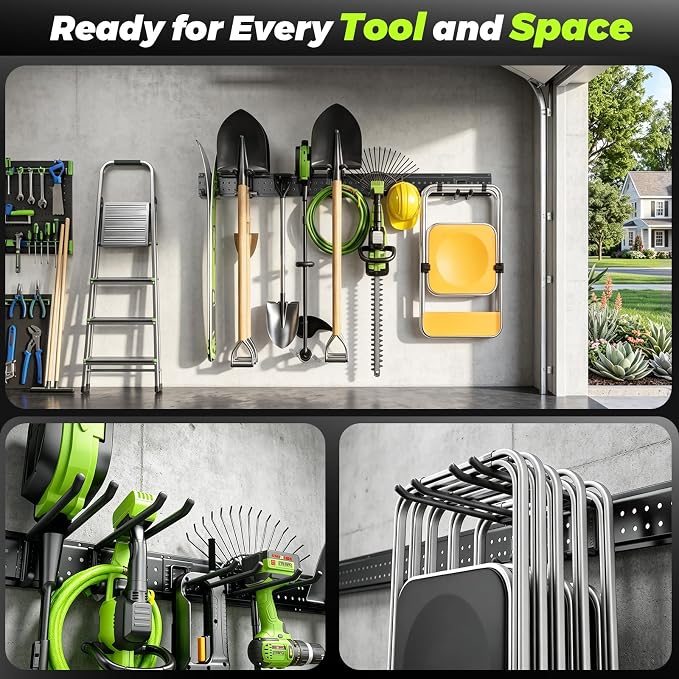 Garage Tool Organizer Wall Mount, 49.5 Inch Heavy Duty Garage Organization System with 10 Adjustable Hooks, Garden Tool Storage Rack for Garage, Yard & Shed, Holds Up to 400 lbs