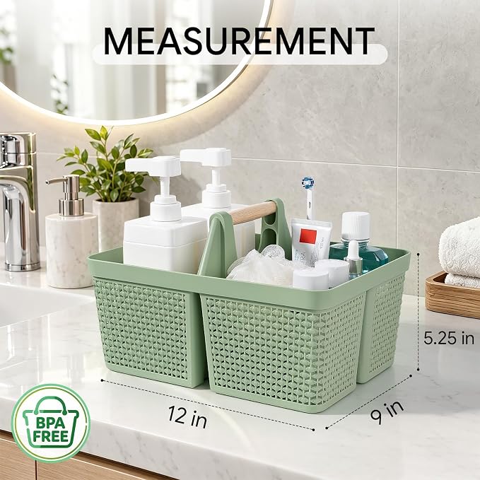 UUJOLY Portable Plastic Shower Caddy Basket with Wooden Handle, Green | Divided Storage Organizer Tote for Bathroom, Dorm, College, Kitchen & RV – Lightweight, Easy-Carry Essentials Caddy