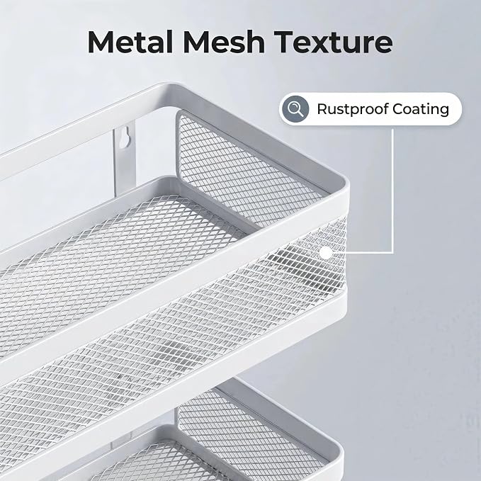 PUSDON Mesh Shower Caddy Wall Mount, Heavy Duty Adhesive Bathroom Shelf Organizer, Rustproof Floating Spice Rack for Kitchen Pantry, Holds 50 LBS, Multi-Purpose Storage White-2 Packs (Netting)