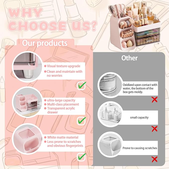 Large Capacity Makeup Organizer Countertop with Makeup Brush Holder for Vanity, Thickened Material, Bathroom Countertop Organizer Skin Care Perfumes Storage, Teen Girl Gifts for 12-23 Year(pink)