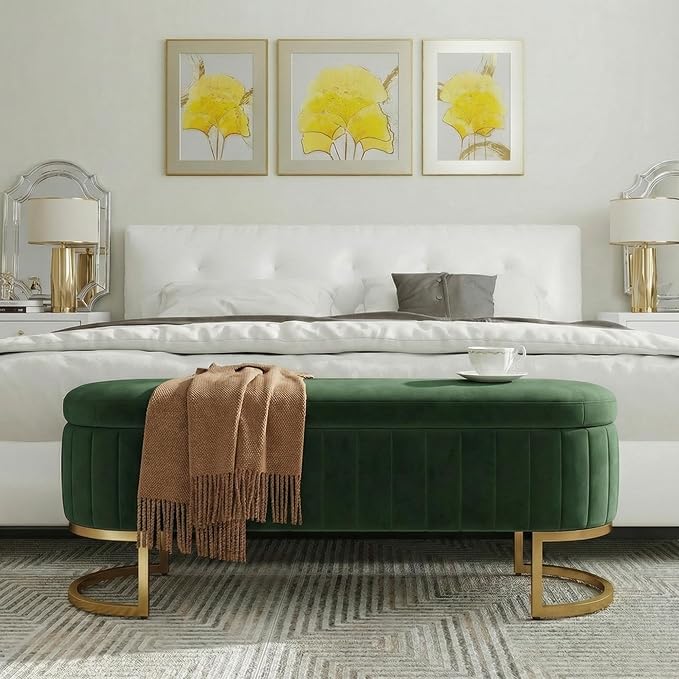 51" Velvet Storage Ottoman Bench End of Bed for Bedroom Entryway Green