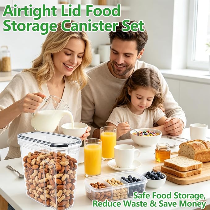 4pcs 4L Airtight Plastic Canisters, Kitchen Pantry Dry Food Storage | 4pk 4L airtight canisters, tight sealed lids lock out moisture. Premium plastic, stackable for all kitchen dry foods