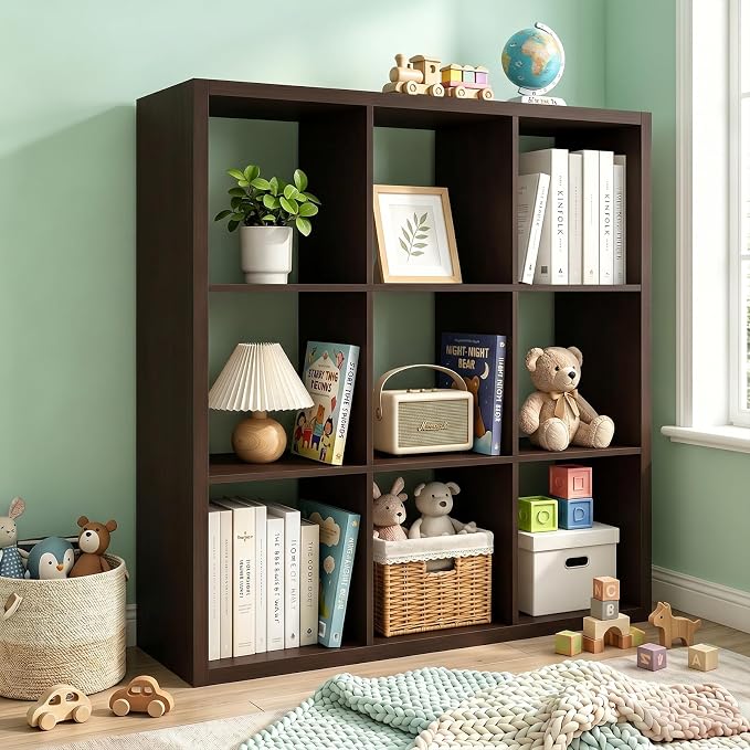 CTESNE【Wooden Thick Frame 9 Cube Storage Organizer Shelf with Anti-Tipping Kits + Reversible Open Back Bookcase, Horizontal and Vertical Dual-use Standing Bookshelf(Chocolate,13inch)