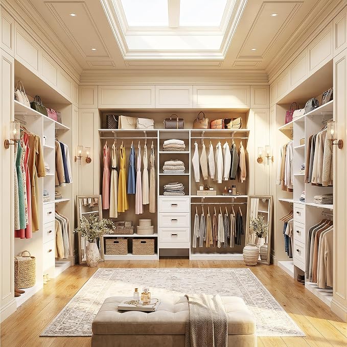 8FT Closet System with 3 Curved Drawers, 96'' Wooden Walk-in Closet Organizer with 3 Top Shelves, Adjustable Organizer System with 3 Hanging Rods, Built-in Wardrobe Storage Rack for 4-8 ft, White