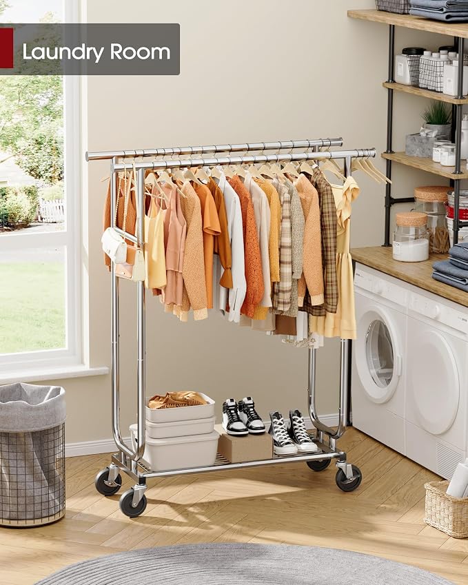 Sakugi Heavy Duty Stainless Steel Rolling Clothes Rack with Mesh Shelf, Lockable Wheels & Anti-Slip Stoppers, Large Capacity Clothing Organizer for Bedroom, Laundry Room, 43.5" x 16.5" x 65.9", Silver
