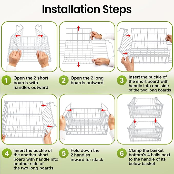 Freezer Organizer Bins, 6 Pack Enlarged Baskets for 5-9 Cu.FT Deep Freezer | Stackable Chest Freezer Organizer Bins, Foldable with Handles, White Storage Container Baskets for Sort Frozen Meats