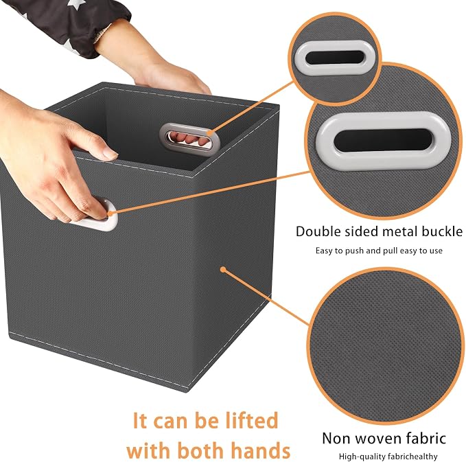 Yunkeeeper storage bins Cubes, Fabric Cube Organizer with Handle, Foldable Cube Bins for Cloth or Accessary Storage, 11x11x11, Set of 3,(Gray)