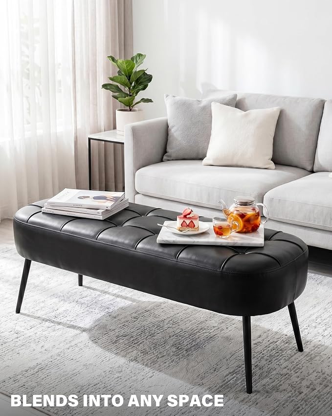 Entryway Bench, Modern PU Leather Upholstered End of Bed Bench Black | Shoe Bench with Tufted Seat, 660 lb Capacity, Sturdy Metal Legs, Mid-Century Style, For Hallway, Living Room, Bedroom, Foyer