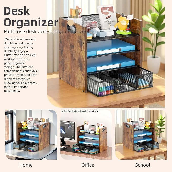 Desk Organizer - 4 Tier Desktop File Organizer with Drawer, Wooden Paper Tray Organizer, Office Desk Accessories Organizer for Papers, Mail, Notebooks, Stationery