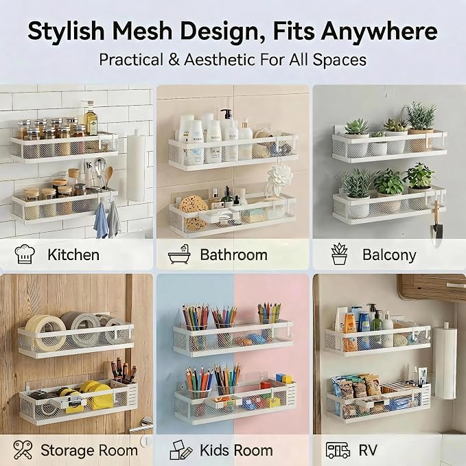PUSDON 5-in-1 16.5" Extra Long Slim Wall Mount Wrapped Mesh Kitchen Organizer & Shower Caddy Kit, with Paper Towel Holder, Utensil Holder, Soap Dish, Holds 50LBS - White, Netting