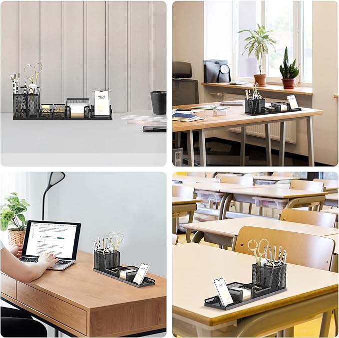 Pen Holder for Desk, 6-Piece Mesh Desk Organizer with Phone Holder, Black | 6-Piece Black Mesh Desk Set Includes Pen Cups, a Sticky Note Caddy and Phone Holder for Office, School, Home