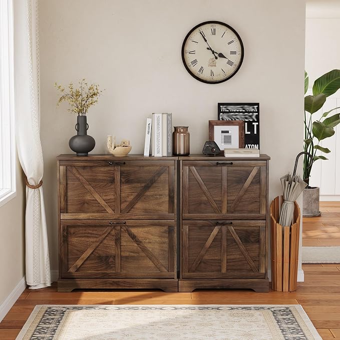 Semiocthome Farmhouse Shoe Storage Cabinet with 2 Flip Drawers, 23.6"(W) Freestanding Shoe Organizer with Barn Door and Metal Handles for Entryway, Corner Rustic Narrow Shoe Rack Cabinet - Walnut