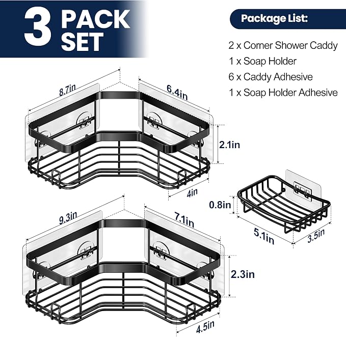 MAXIFFE 3 Pack Corner Shower Caddy with Soap Holder, Large Capacity Sturdy Adhesive Stainless Steel No Drilling Shower Organizer Shelves Rack Storage Inside Shower for Bathroom Family Renters, Black