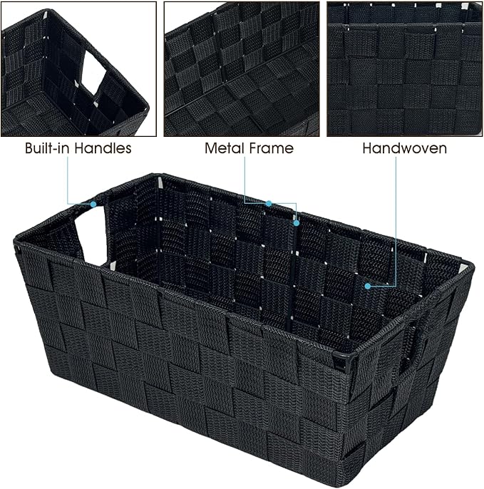 Black Storage Baskets for Shelves, Woven Shelf Baskets for Organizing, Small Strap Organizer Basket for Bathroom Storage, Set of 4