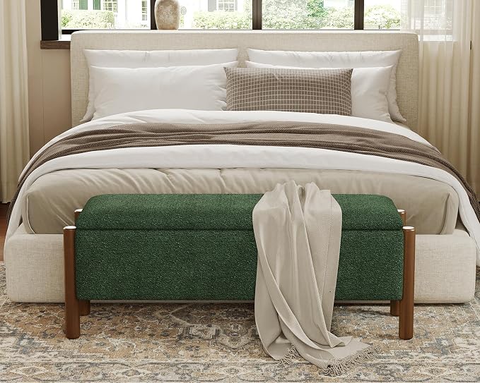 47" Storage Ottoman Bench, Boucle Upholstered End of Bed Bench for Bedroom, Entryway Shoe Bench with Large Storage Space, Heavy Duty Padded Foot Rest Stool Blanket Chest for Living Room, Green