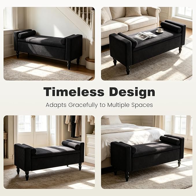 End of Bed Bench for Bedroom, 45.7" Linen Storage Ottoman Bench with Removable Pillows, Upholstered Entryway Bench with Solid Wood Legs, Storage Cabinet for Bedroom, Living Room, Entryway, Black