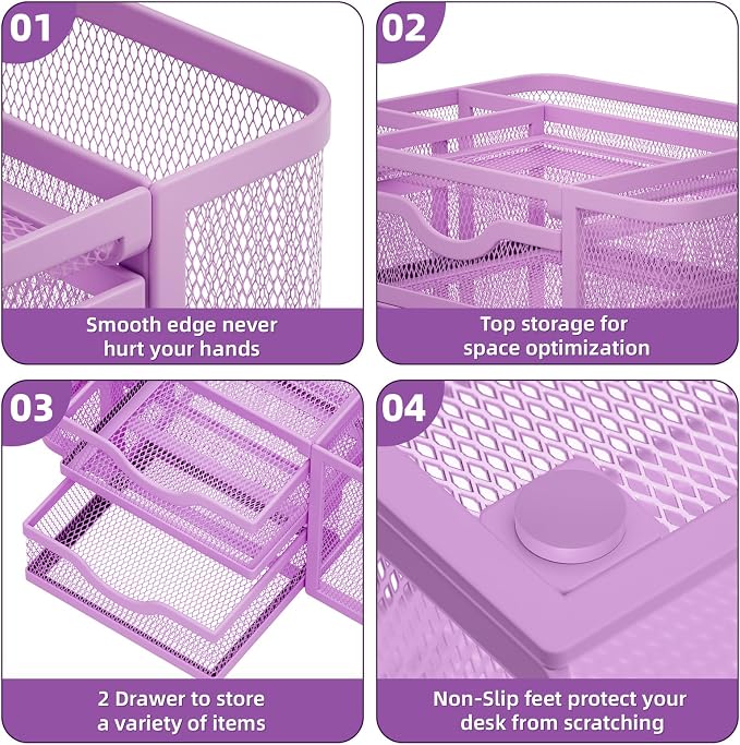 Marbrasse Mesh Desk Organizer, Pen Holder with 2 Drawer, Multi-Functional Pencil Holder, Desk Organizers and Accessories with 5 Compartments + Drawer for Office Art Supplies (Purple)