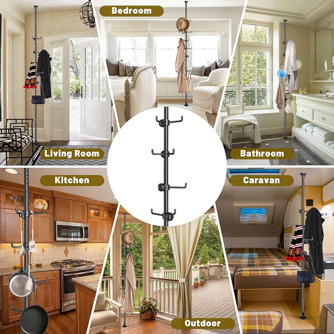 Coat Rack Freestanding,Adjustable 56-125 inch Tension Rod Coat Tree 12 Hooks Hanger Stand for Coat Hat Bedroom Livingroom Kitchen Bathroom Apartment Entryway Hall Office Black