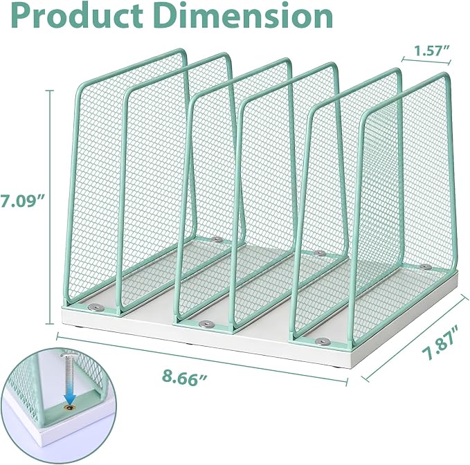 LEKETREE Desk File Organizer, 5-Section Upright File Sorter, Vertical File Folder Holder, Mesh Metal Wood Office Desktop Organization for Document, Magazine, Books and more (Mint)