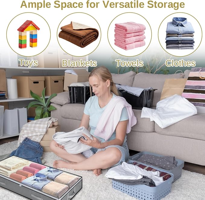 4 Pack 5.5 Inches High Under Bed Storage Containers, Low Profile | Under Bed Storage Containers, Foldable Underbed Bag Stackable Closet Organizer for Blankets Clothing Comforter Wrapping Paper