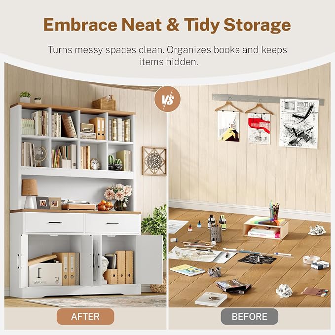 Storage Cabinet with Doors and Drawers, Pantry Cabinets, 5 Tier Floor Standing Bookshelves, Bookshelf and Bookcase, 8 Open Storage Shelves and Printer Stand for Study, Living Room, Office