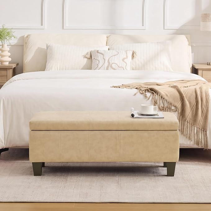 41" Storage Ottoman, Storage Bench with Safety Hinge, Upholstered Synthetic Leather Ottoman Bench for Bedroom, Living Room, Entryway, Hallway, Foot Rest, Support 500lbs
