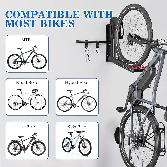 Swivel Bike Wall Mount,No Lift Bike Hangers with Two Extra Storage Hooks | Space Saving Vertical Bike Rack for Home & Garage, Easy to Load and Unload, Bike Rack Garage Hold Up to 80 lbs