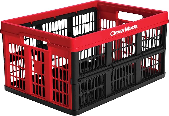 CleverMade Collapsible Utility Crates - Red 1pck 45L / 11 Gal holds 66 lbs - Stackable Containers Heavy Duty Capacity Crates Space-Saving Baskets