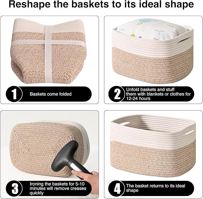 ICERZCZ Storage Baskets for Shelves, Woven Storage Basket, Bins for Cube Storage, Cotton Rope Basket with Handles for Toy, Book, and Clothes Living Room, (4 Packs) Off White & Brown
