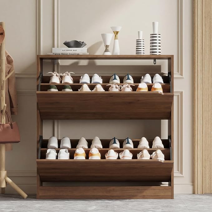 Xixini Shoe Storage Cabinet for Entryway with 2 Flip Drawers, Wood Freestanding Hidden Shoe Storage, Narrow Slim Sturdy Shoe Organizer for Front Door Entrance, Living Room, Hallway, Bedroom, Walnut