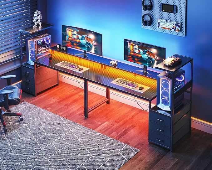 AODK Gaming Desk w/PC Showcase Stand, 59" Reversible, RGB LED, Black | Elevated stand fits Lian Li O11, Hyte Y60. Triple drawers hide cables, controllers, clutter
