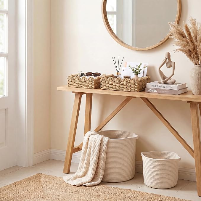 StorageWorks Toilet Paper Storage Basket 2 Pack, Toilet Basket with Wooden Handles, Small Wicker Decorative Scalloped Baskets for Organizing, Living Room, Shelves, Brown Rope Baskets
