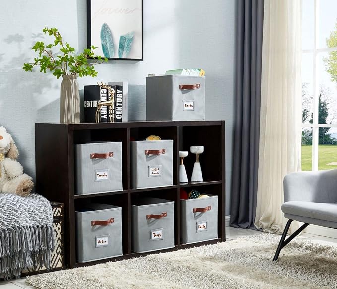 DECOMOMO Storage Bins, Cube Storage Bin with Labels | 10.5" x 11" Fabric Storage Cubes for Shelves (6pcs, Grey)