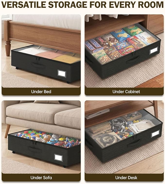 Under Bed Storage with Wheels 2-Pack, Under Bed Storage Containers, Underbed Box with Clear Lids, Rolling Underbed Storage bins for Shoes, Clothes, Blankets (25" L x 16.2" W x 5.5" H)