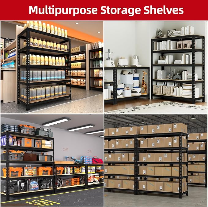 PrimeZone Garage Storage Shelves, 5 Tier Adjustable Metal Shelving, 4 Pack | 31.5"W x 16"D x 63"H, Power-Coated Heavy Duty Steel Frame, Detachable, Freestanding Shelf for Kitchen, Pantry, Basement, 4PCS