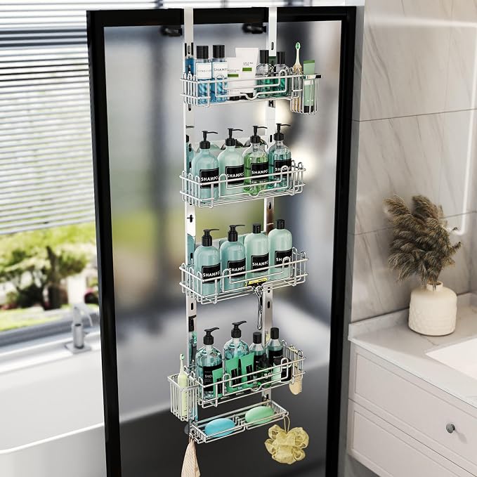 HapiRm 5 Tier Over the Door Shower Caddy, Hanging Shower Caddy with 28 Hooks and 2 Toothbrush Holders, No Drilling Adjustable Hanging Bathroom Organizer - Silver