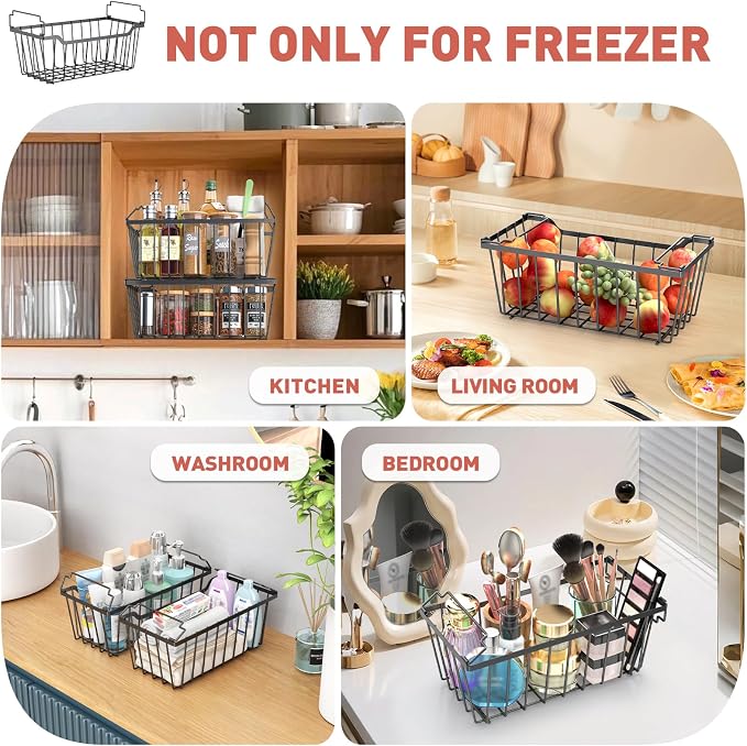 Goovilla Freezer Organizer Bins for 5-7 Cu.FT Chest Freezer, 4 Pack Black | Foldable Handle Stackable Freezer Baskets, Coated Metal Freezer Storage Bins with Better Space Utilization, Deep Organization