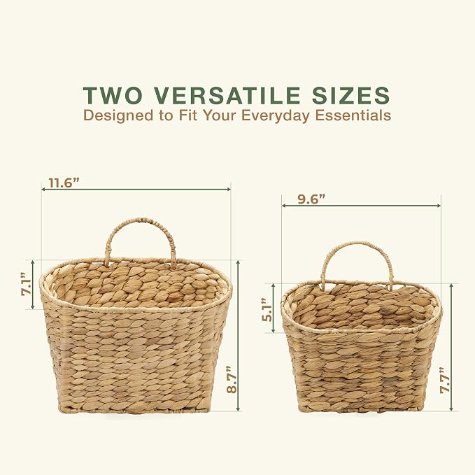Set of 2 Wicker Hanging Baskets for Organizing, Front Door, Mail, Flowers - Woven Wall Baskets for Storage