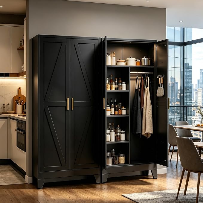 71" H Tall Pantry Cabinet with Doors,Kitchen Pantry Cabinet,Black Metal Storage Cabinets,Garage Storage Cabinet,Food Storage Cabinet with Doors and Shelves