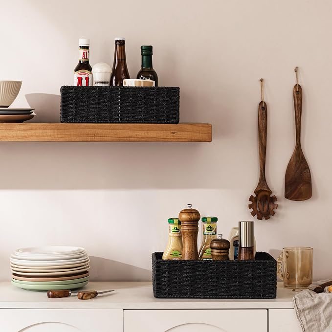 UBBCARE 2 Pack Wicker Basket, 11.5L×7.5H×3.5W inch Woven Paper Rope Storage Baskets for Shelves, Foldable Rectangular Storage Baskets with Handle, Storage Basket for Organizing, Black