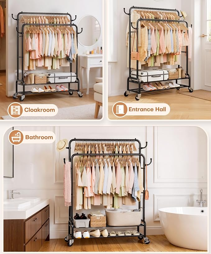 Homde Sturdy Garment Rack for Bedroom: 265 lbs Heavy Duty Clothes Organizer | 2 Hanging Rods Hold Coat to T-Shirt - Easy Roll & Park on Wheels - Metal Frame Stays Solid & Stable at Full Load