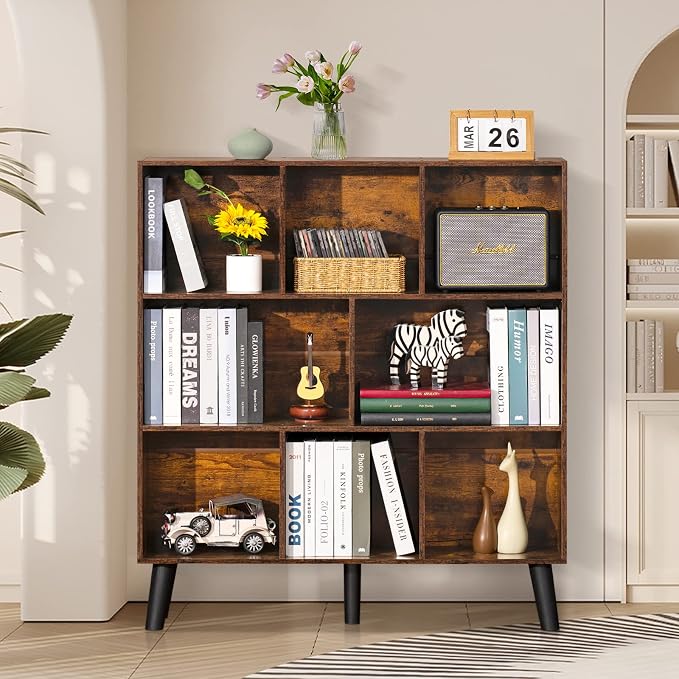 LEYAOYAO 8 Cube Bookshelf, Mid-Century Modern Book Shelf with Legs, Brown | 3 Tier Bookcase, Rustic Wood Bookshelves Freestanding Large Storage Organizer, Open Shelves for Bedroom, Living Room, Office