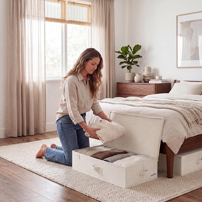 StorageWorks Underbed Storage Containers with Lids, 2-Pack 6" Low Profile Under Bed Organizers for Clothes, Bedding and Sweaters, 53L Large Fabric Storage Bins, Foldable Space Saving, Light Beige