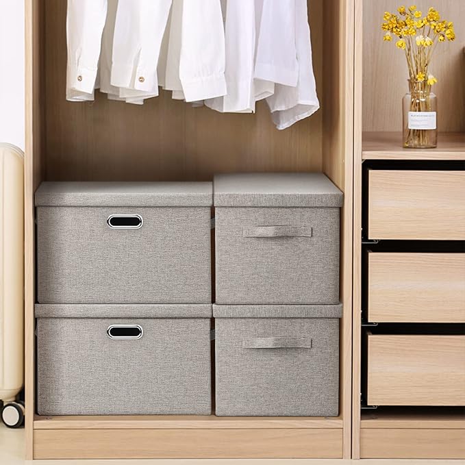Graciadeco Large 17 36 Quart Collapsible Stackable Storage Bins with Lids, 1 Pack Beige Foldable Fabric Closet Storage Boxes with Lids, 4 Handles Toy Heavyduty Dark Gray Linen Storage Cube Box | 36 Quart 1 Pack Beige Collapsible Stackable Linen Fabric ...