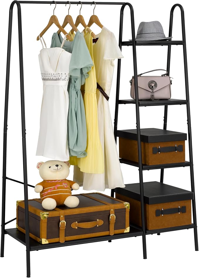 Finnhomy Rustic Clothes Rack, Clothing Rack for Hanging Clothes Heavy Duty Garment Rack with 5 Wood Shelves Freestanding Portable Closet Organizer for Bedroom/Entryway/Boutiques,Matte Black