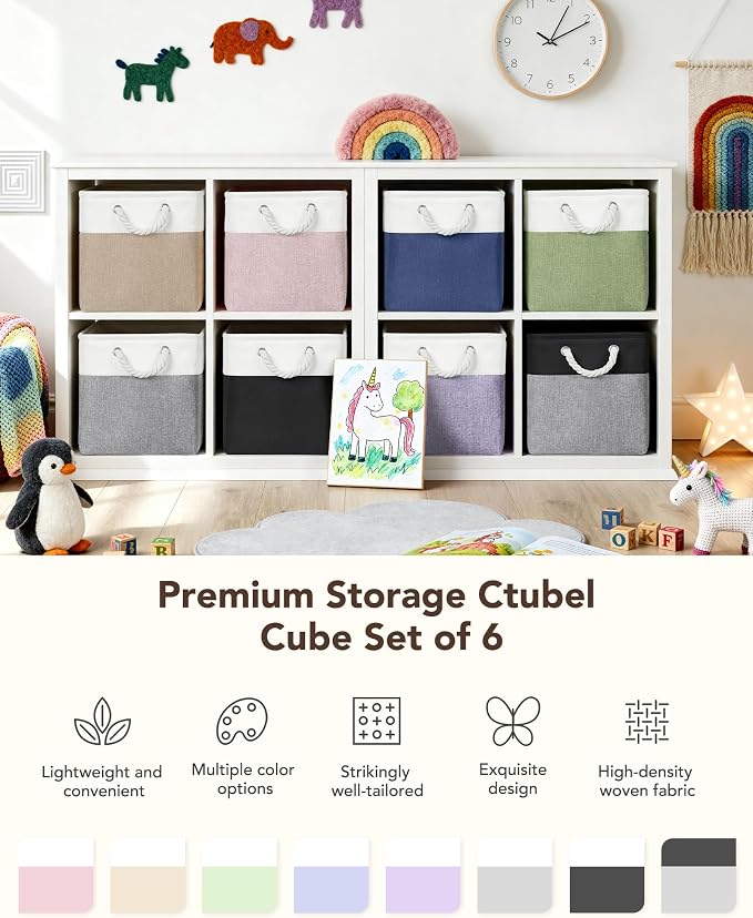 12x12 Inch Fabric Cube Storage Bins with Cotton Rope Handle 6-Pack | Top Support of Metal Frame, Bottom with Cardboard Support, Foldable Storage Bins for Closet, Bedroom, White Khaki