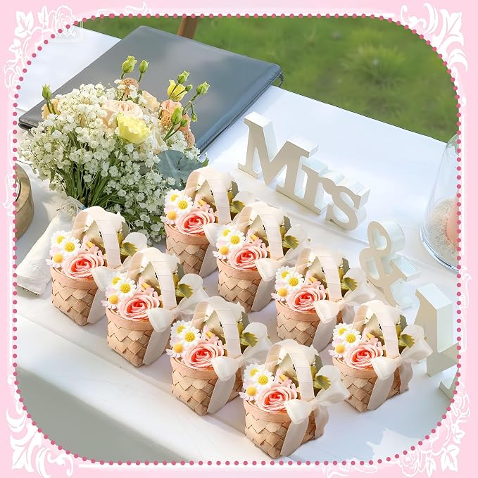 12 Pcs Mini Flower Girl Basket Mini Woven Baskets with Handles Wood Chip Flower Fruit Picnic Holder with Ribbon Chip Bucket for Wedding Party Gifts Baby Shower Birthday Party Decoration