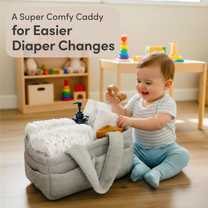 PUTSKA Baby Diaper Caddy Organizer, Nursery Basket, Gray Fleece