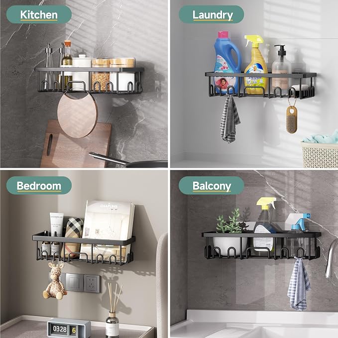 Veken Shower Caddy 6-Pack, Advanced Rustproof Design, No Drilling Adhesive Shelves, Rack with Soap Holder, Large Capacity Bathroom Organizers and Storage, Wall-Mounted Kitchen & Home Decor, Black